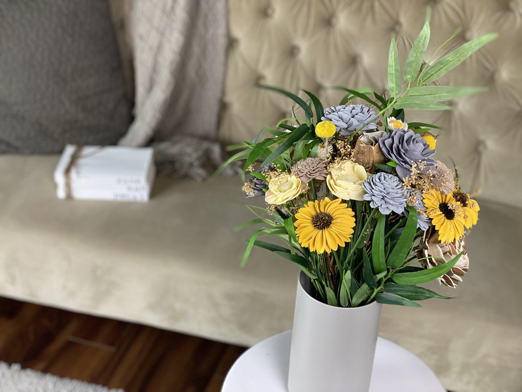 neutral colors sola wood flower arrangement with sunflowers 