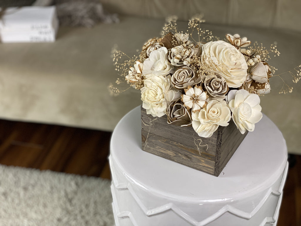 sola wood flower box arrangement with forever flowers and tallow berries - winter farmhouse arrangement