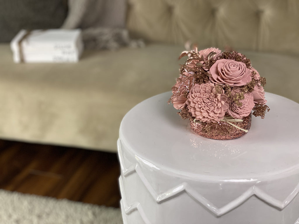 mini glittery pink sola wood forever flower arrangement that lasts. Perfect silk flower alternative centerpiece!