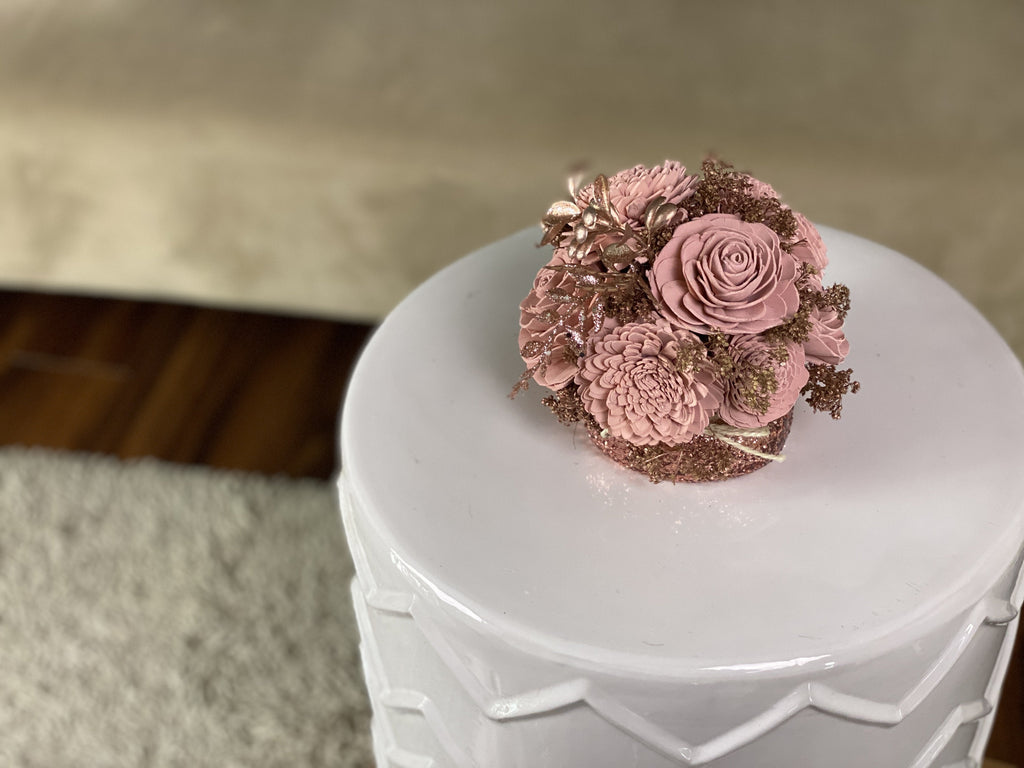 pink and rose gold mini faux flower arrangement for weddings and events