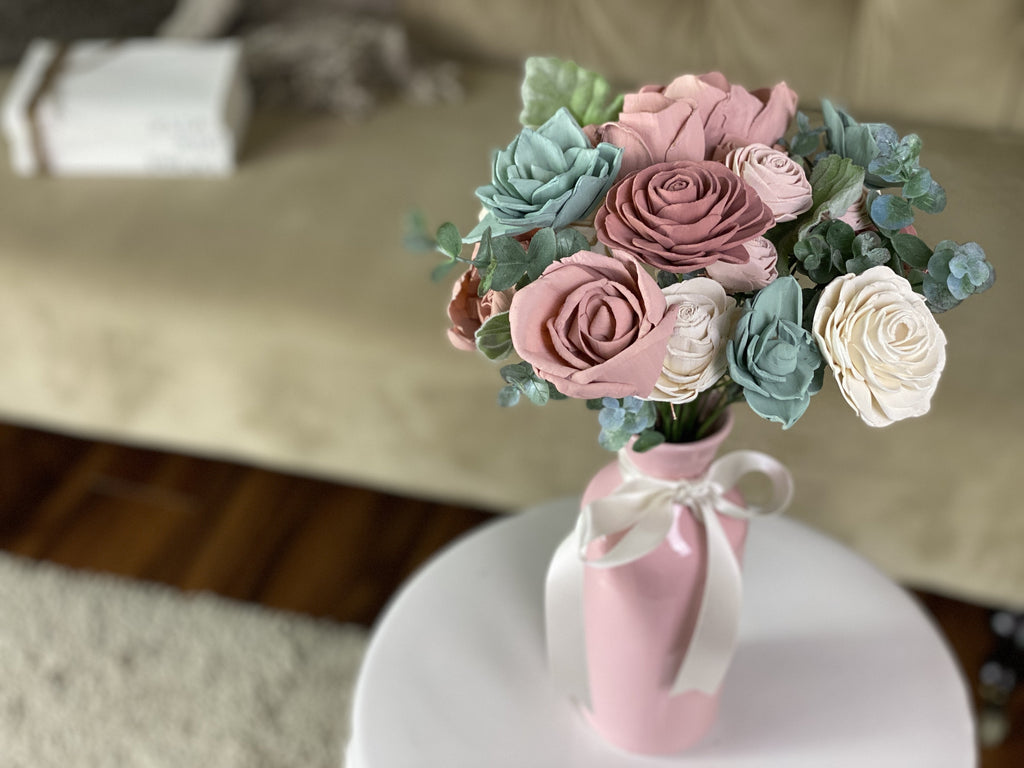 sola wood flowers by pine and petal market made of dusty rose and seafoam