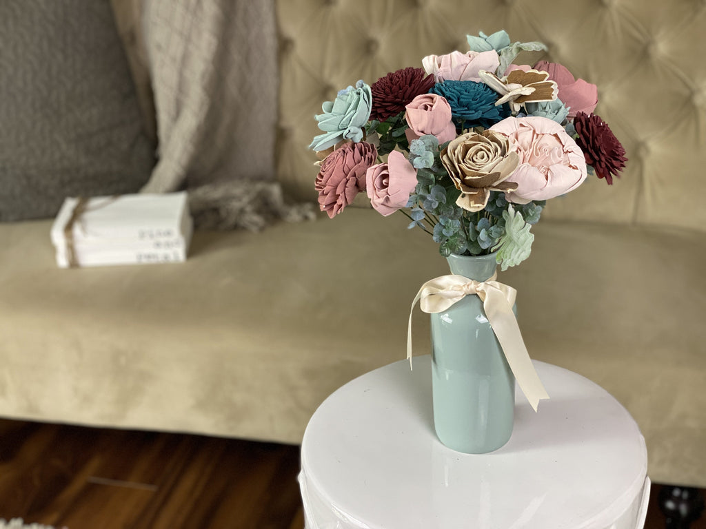 sola wood forever flower arrangement in wine and teal