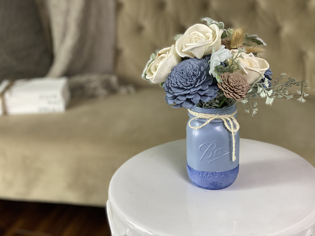 baby boy congrats sola wood flower arrangement in blue for boy nursery