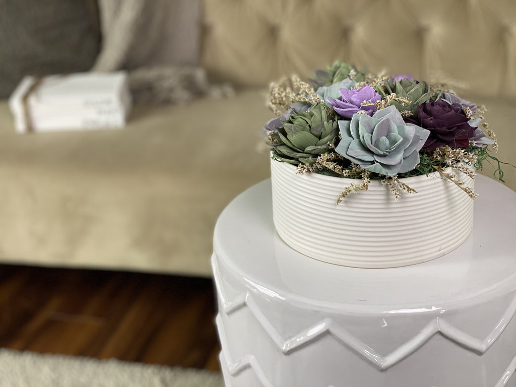 lasting sola succulent arrangement in white dish for birthday gift