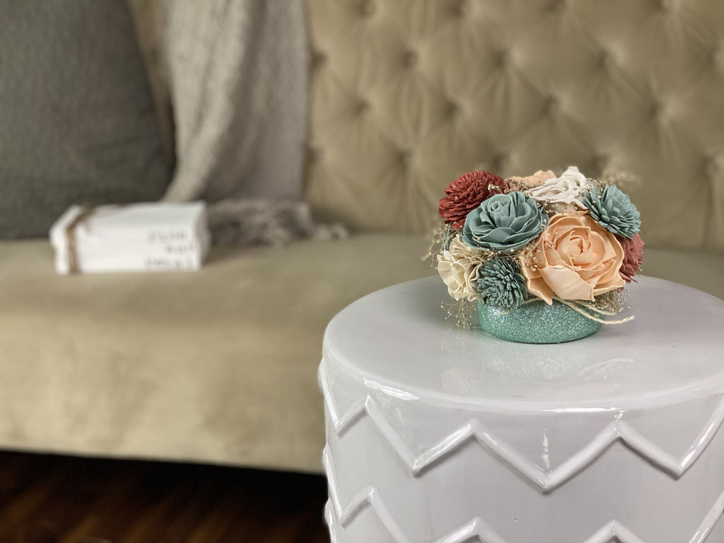 seafoam, dusty sage and peach sola wood flower centerpiece ideas for wedding and home decor