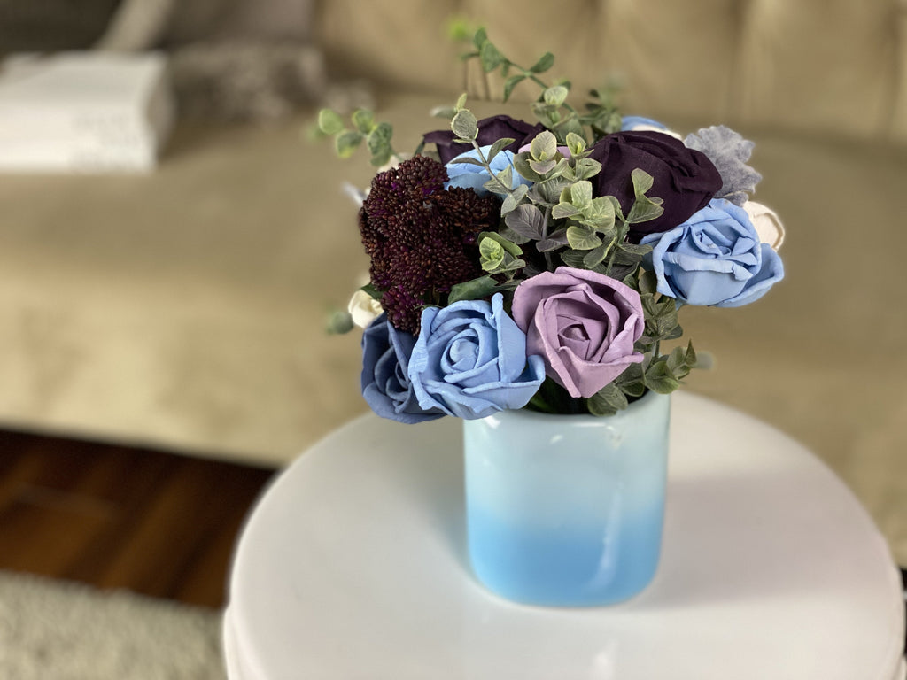 blue ombre sola wood flower arrangement by pine and petal market