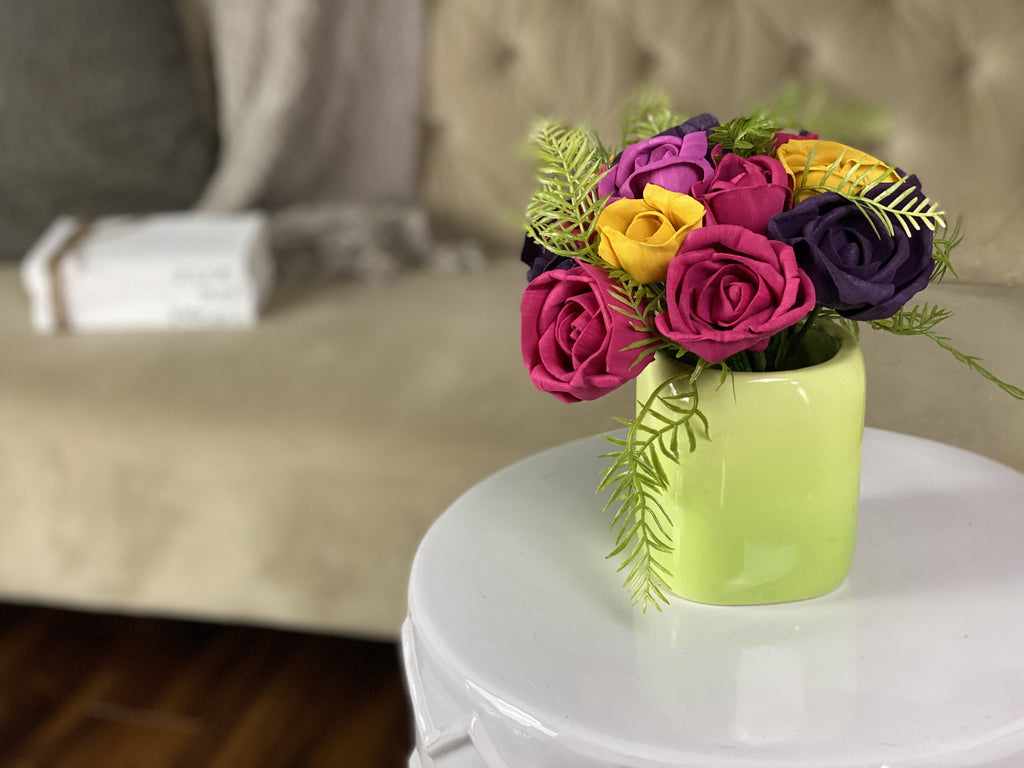 purple, pink and yellow bright flower arrangement gift for her