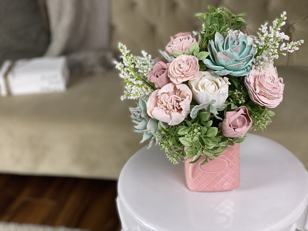 pink sola flower arrangement birthday gift