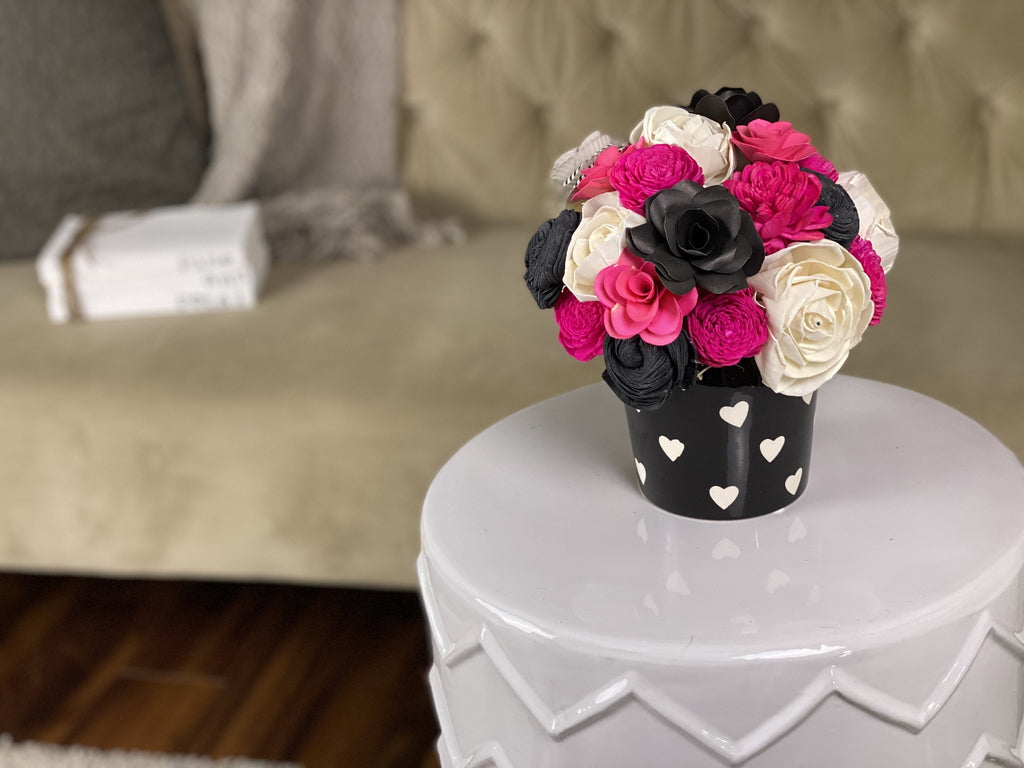hot pink and black flower arrangement for valentine's day love made with sola wood flowers