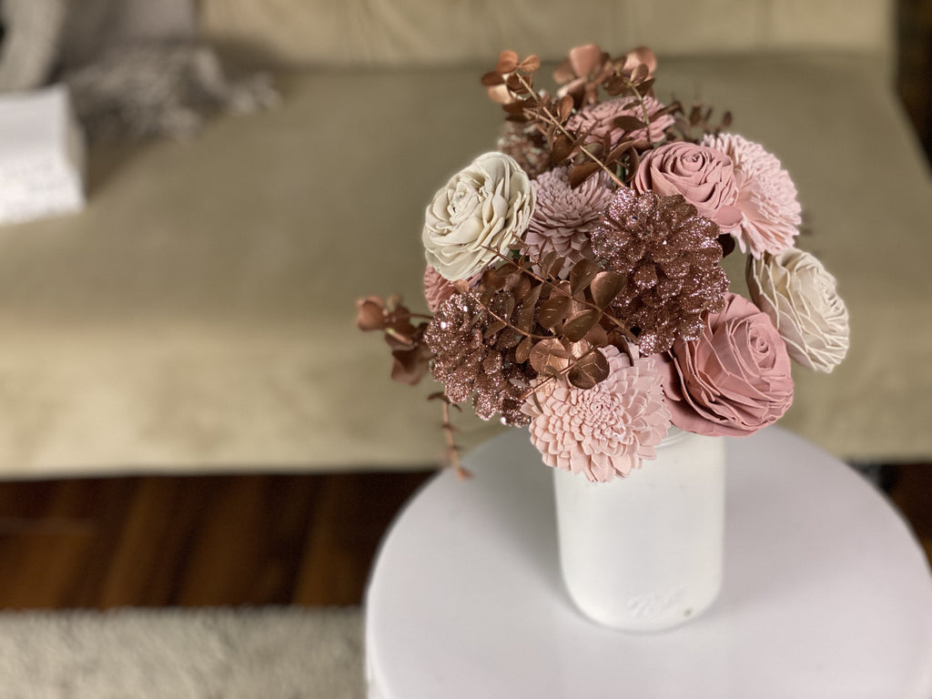 winter pink and ivory sola wood flower arrangement for christmas and holiday decor for farmhouse