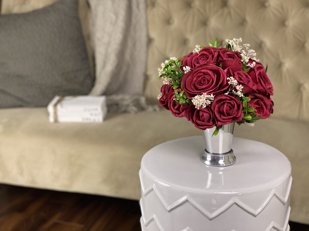 send her red roses made from delicate wood for your 5th anniversary milestone