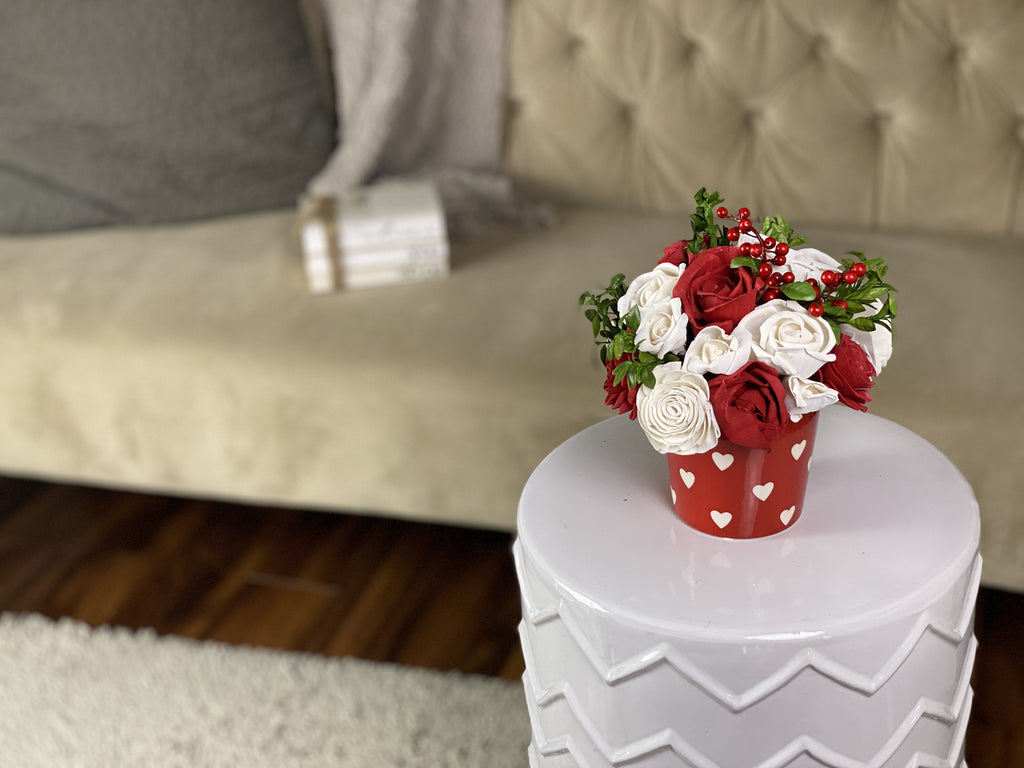 sola wood flower arrangement for valentines day made of red and white roses