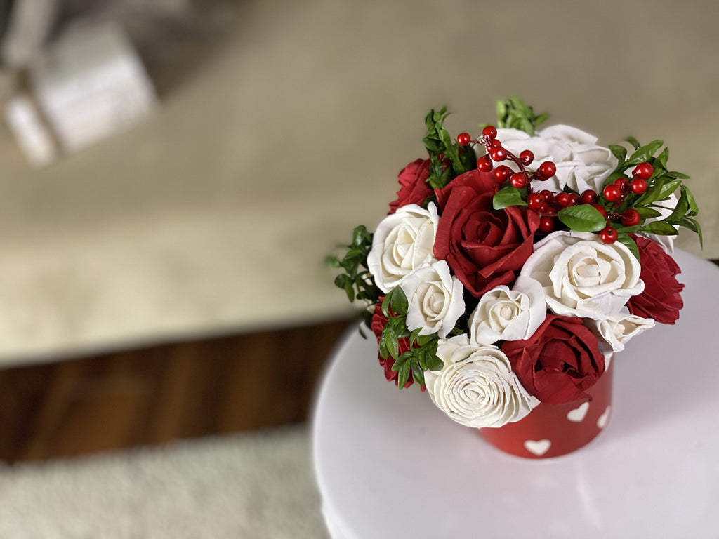beautiful red and white rose flower arrangement for girlfriend made with lasting sola wood flowers