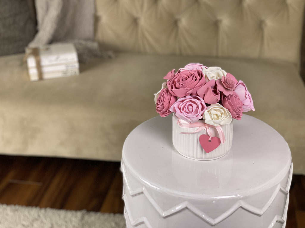 pine and petal market sola flower arrangement with pink and white roses