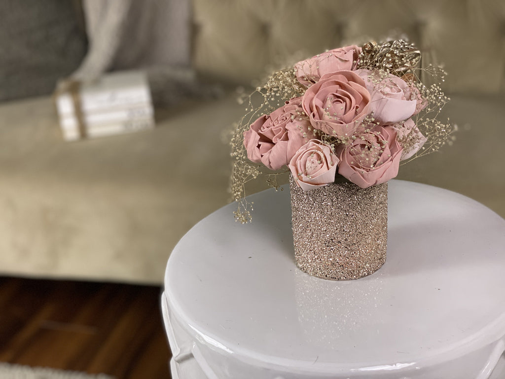 pink sola roses and champagne mini arrangement for desk or home decor 
