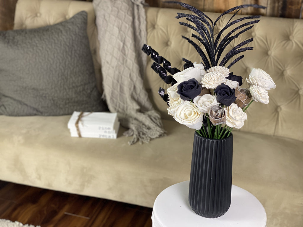 sola wood flower 1920's inspired arrangement and decor black and white