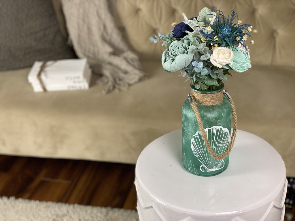 congrats gift of sola wood flowers in teal with seashell vase