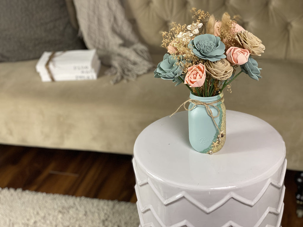 custom made handpainted mason jar flower arrangement for beach wedding and events