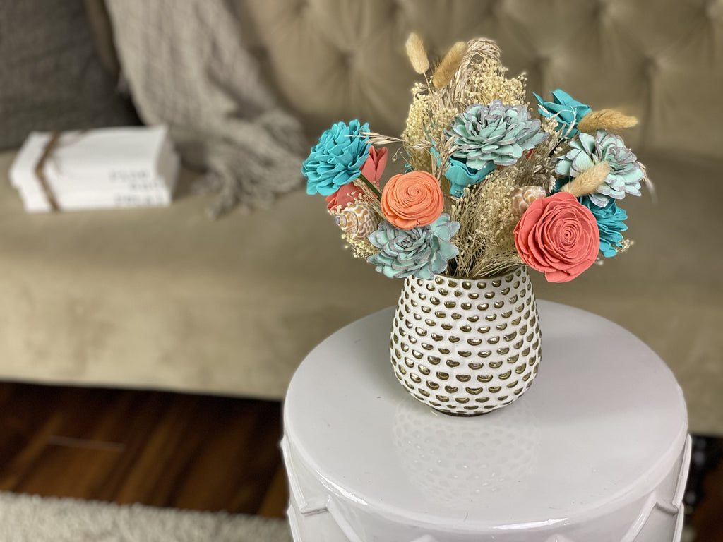 coral, mint and teal sola wood flower arrangement by pine and petal market