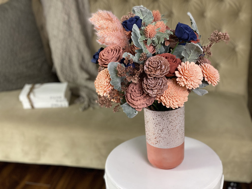 peach, navy, rose gold and boho style faux flower bouquet arrangement for weddings and events