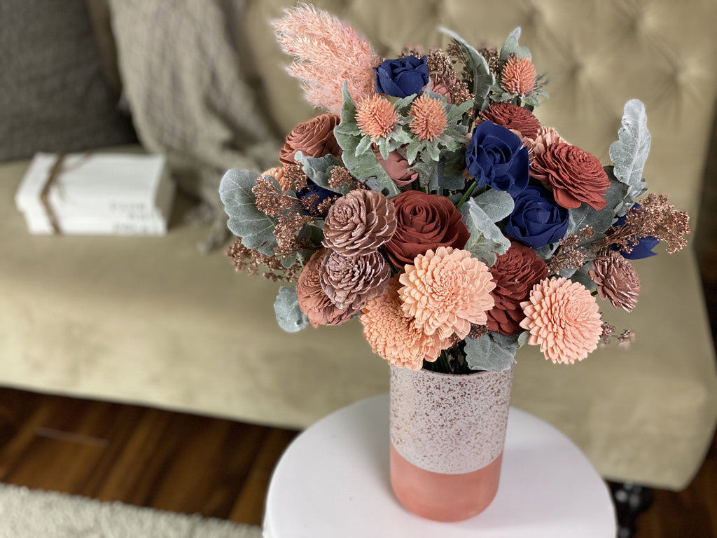boho birthday sola wood flower arrangement gift ideas for her with rose gold and navy