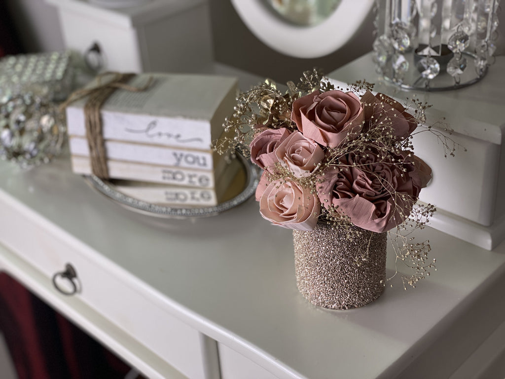 glittery sola wood flower arrangement in champagne and blushes