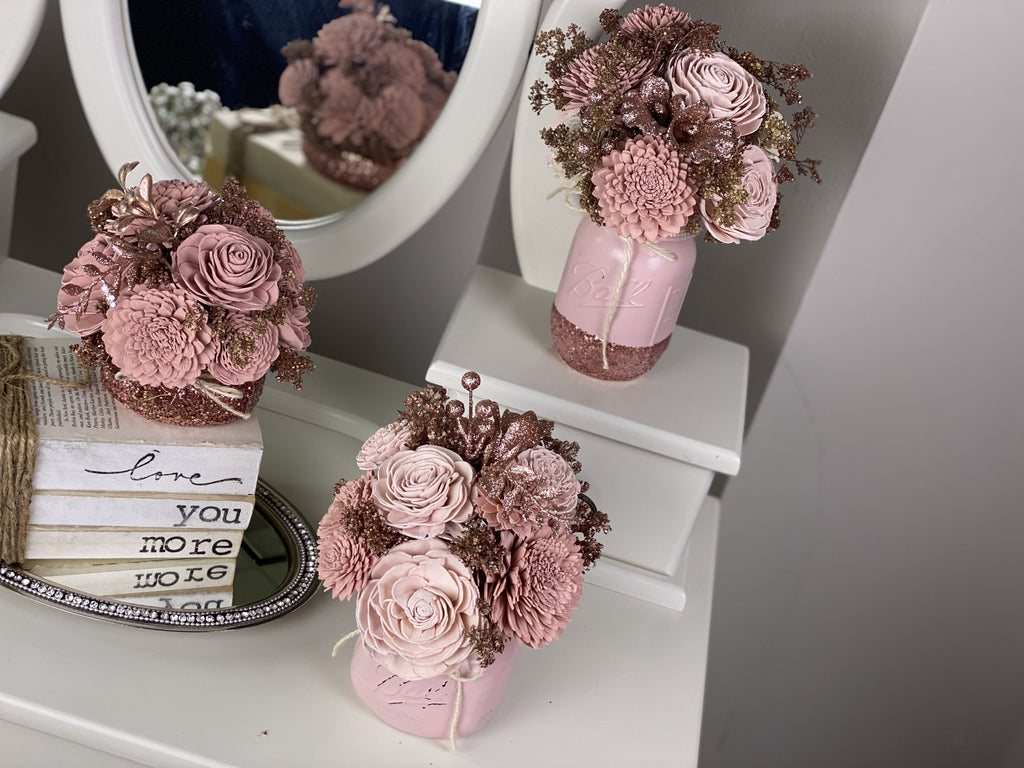 shabby chic sola wood forever flower arrangement in pink and rose gold by pine and petal market