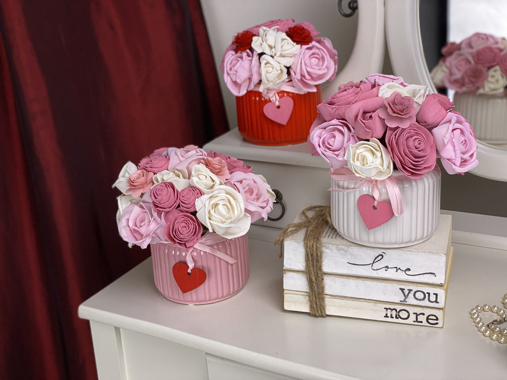 valentine's day party centerpiece ideas including white and pink roses