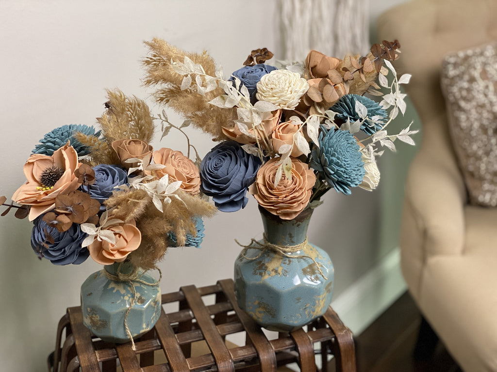 boho birthday flower arrangement made from dried flowers and sola wood flowers