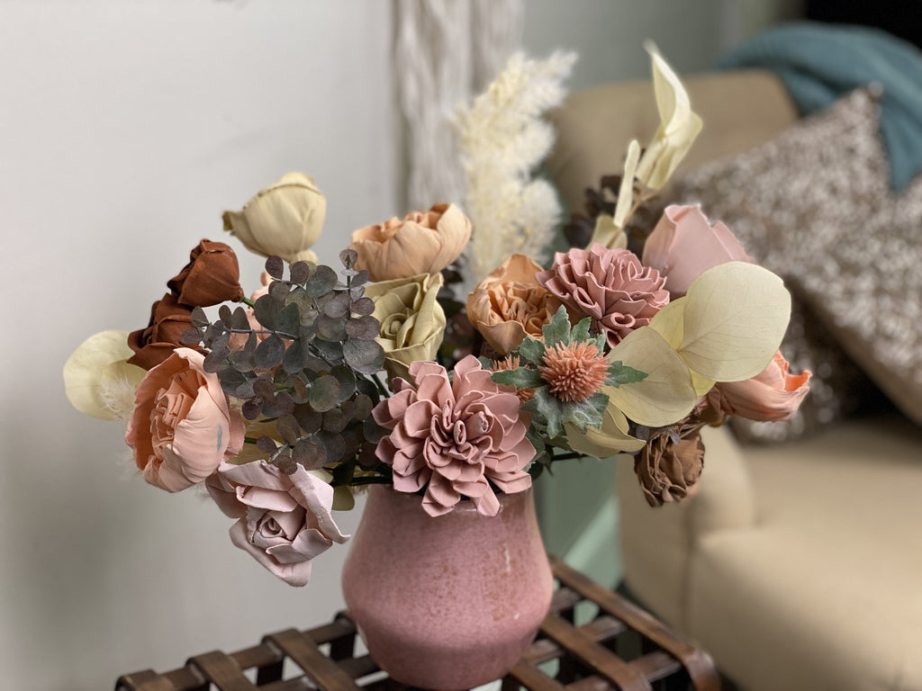 best mothers day gift ideas for 2021 - faux flower arrangement in pink and peaches