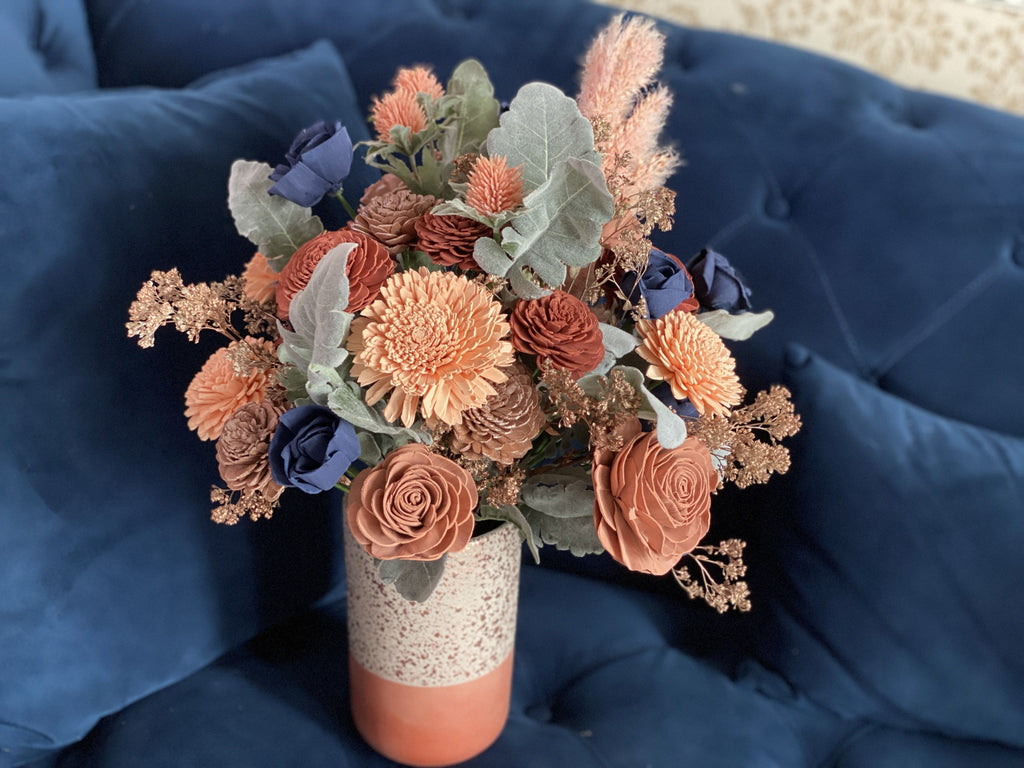 rose gold sola wood flower arrangement bouquet with navy, pink and peaches for birthday, anniversary or modern glam farmhouse decor