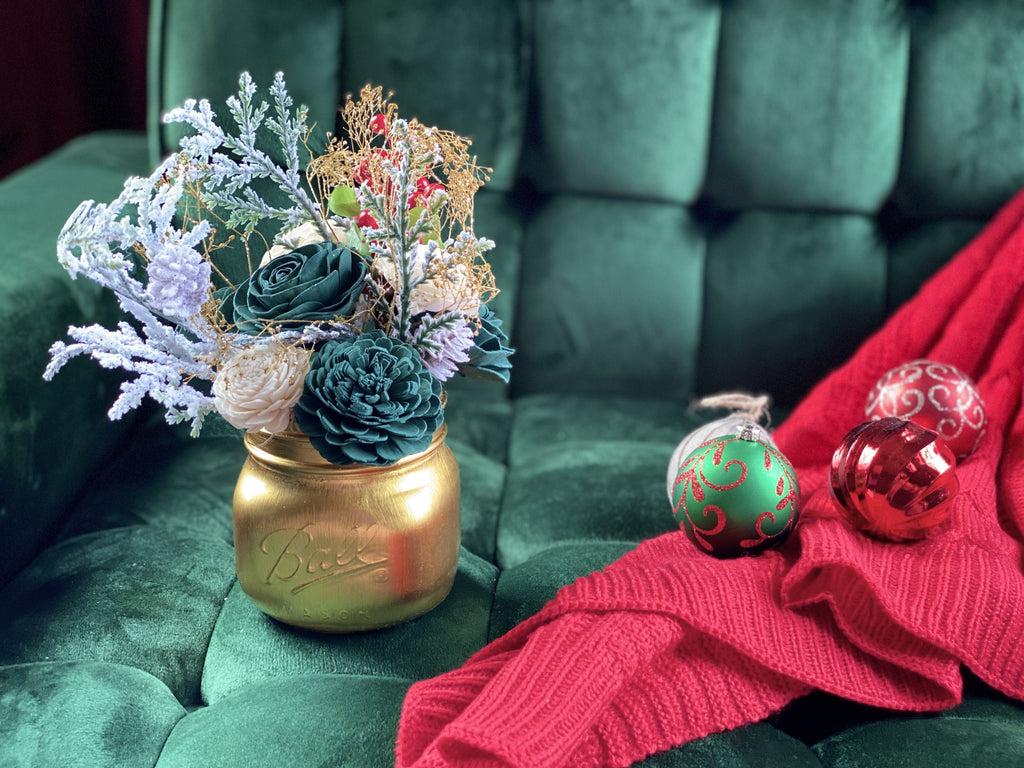 gold mason jar lasting sola flower arrangement for christmas gift