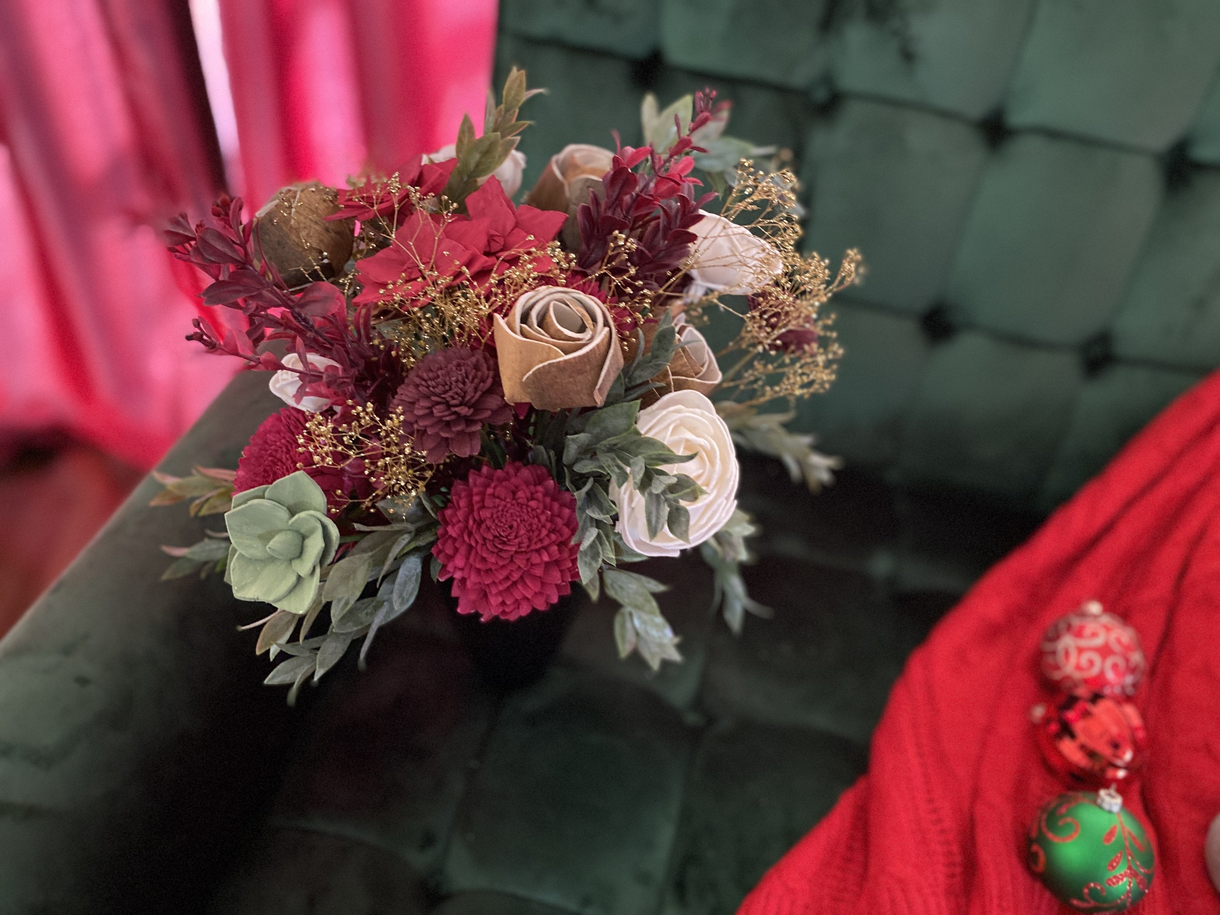 Wedding Christmas Corsage Red Gold Wedding Wrist Corsage Red Bridesmaids  Burgundy Corsage Pine Cone Winter Artificial Flowers 