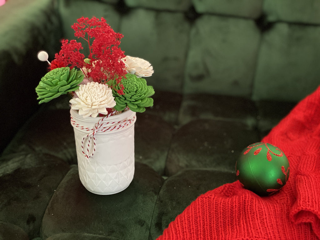 sola wood flower mini mason jar arrangement for christmas and holidays