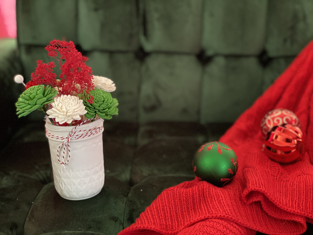 sola wood flower mini mason jar red and green peppermint candies arrangement
