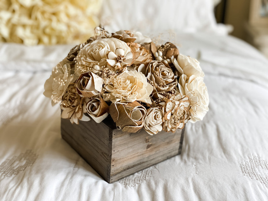 sola wood flower arrangement birthday gift for farmhouse friend natural wood in woodbox planter