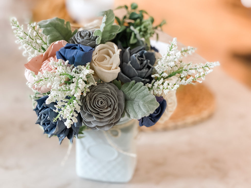 grey, blue and peach sola wood flower centerpiece decor