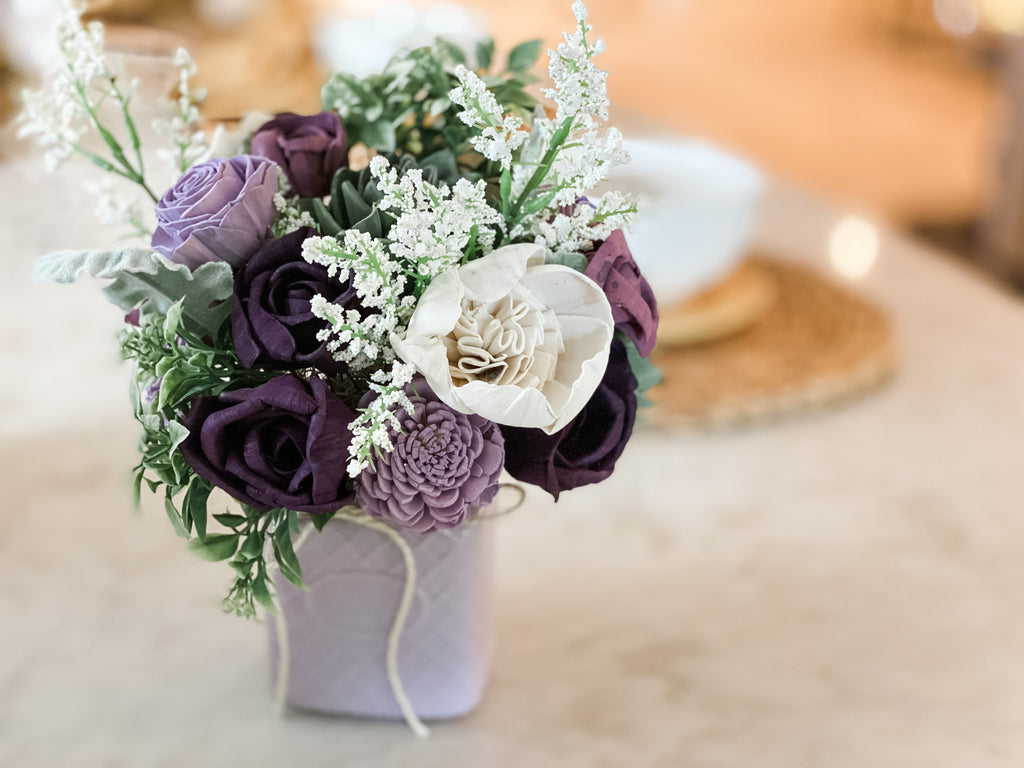 buy lasting flower arrangements shipped to your door including purple succulents and roses