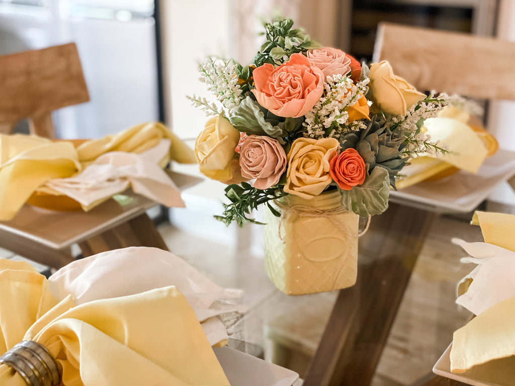 breakfast nook sola wood flower arrangement ideas including peach and yellow
