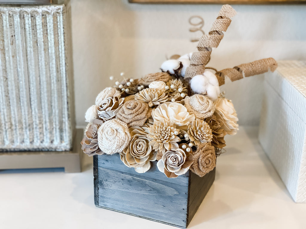 cotton, burlap and pearl birthday flower arrangement gift