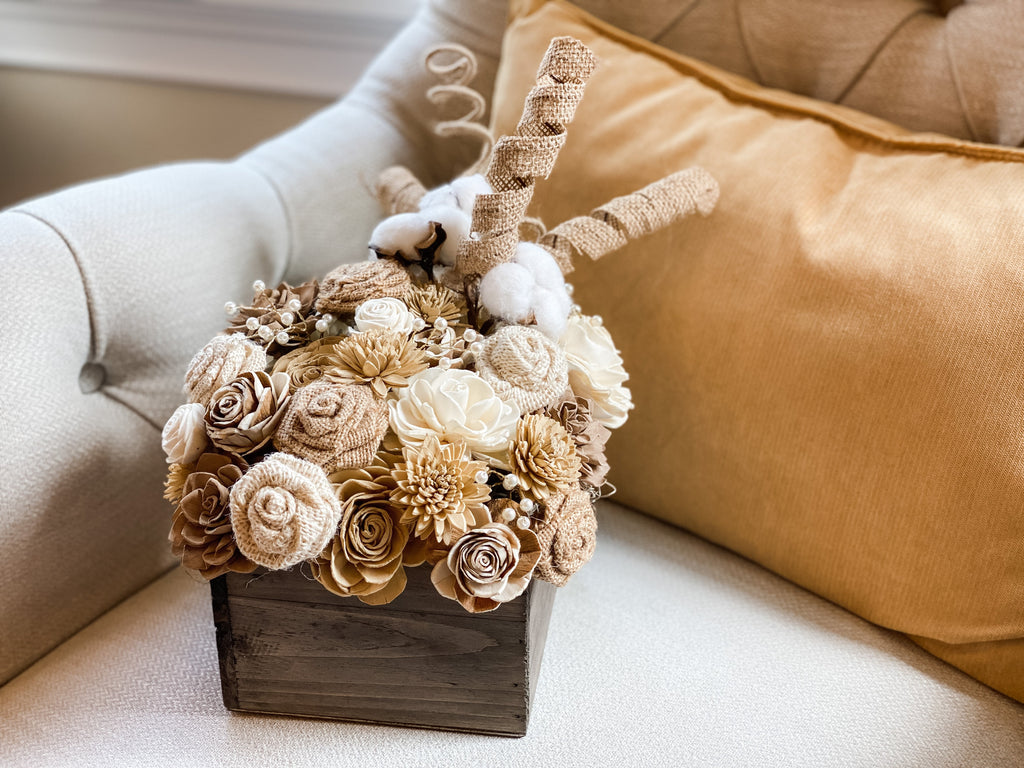 burlap curl wood flower arrangement for farmhouse birthday gift