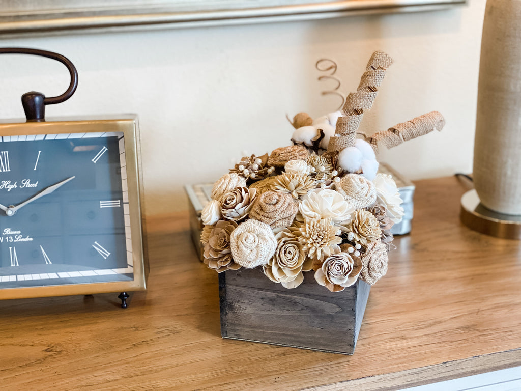 pine and petal market burlap and pearl sola wood flower centerpiece