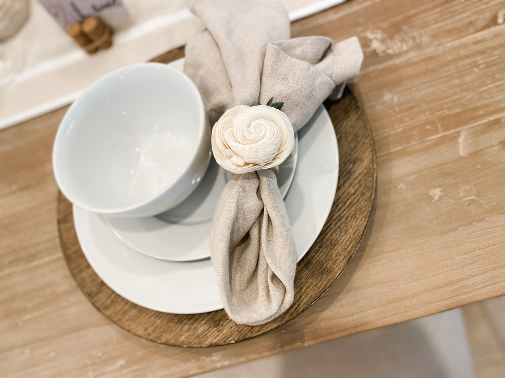 white pumpkin sola wood flower napkin ring for farmhouse table