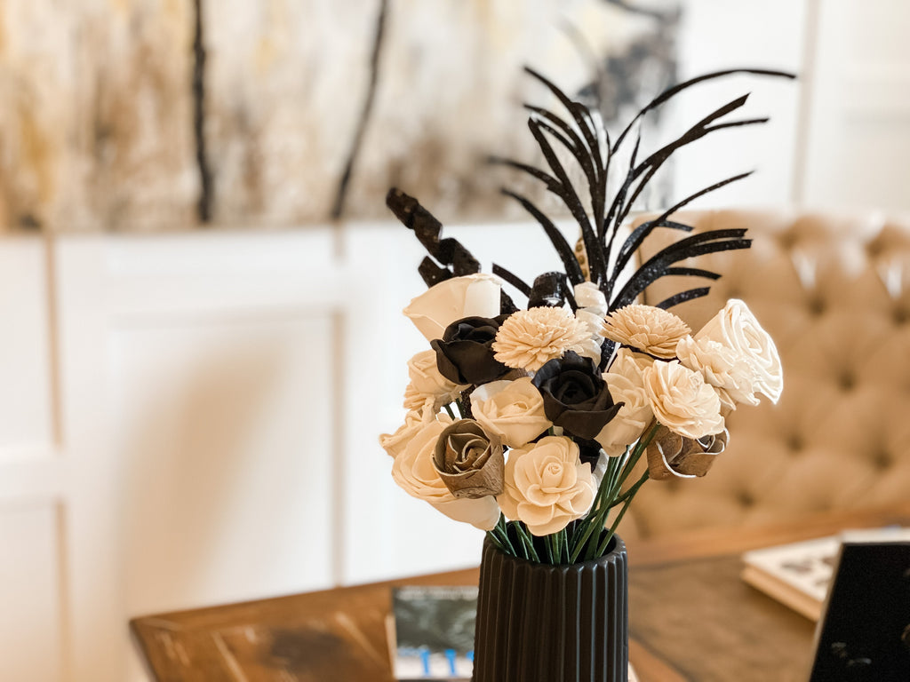 Black and White party celebration decor ideas made from sola wood flowers