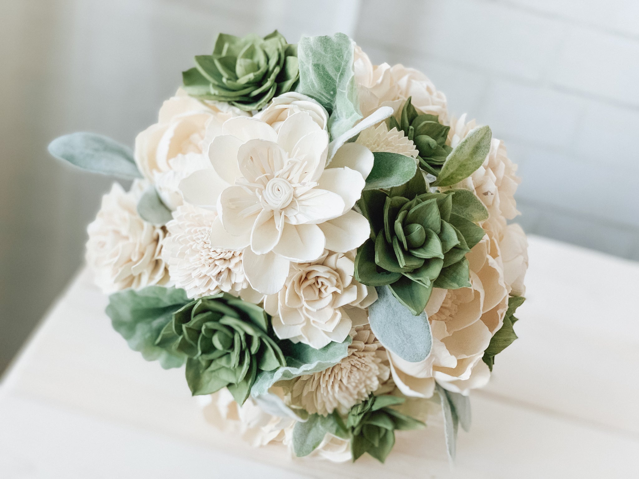 white roses and succulents White and Green Succulent Sola Flower Bouquet