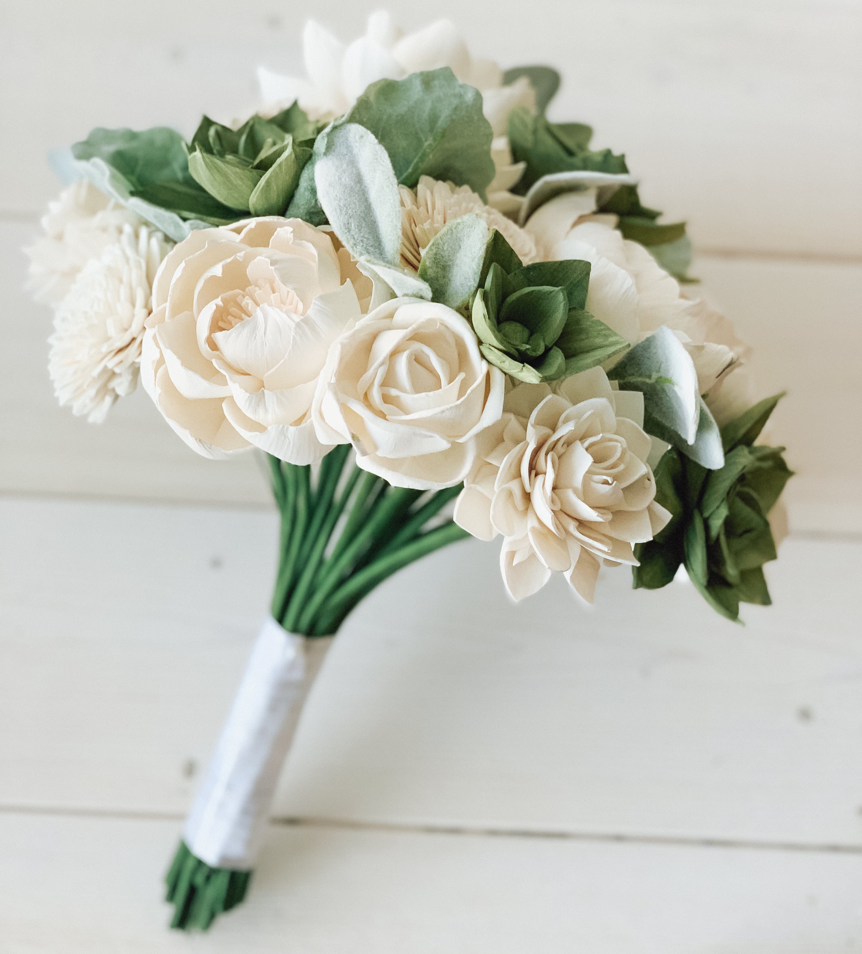 fake succulent wedding bouquet White and Green Succulent Sola Flower Bouquet – Pine and Petal Weddings