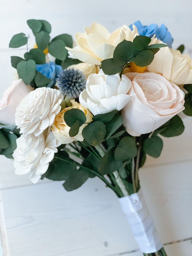 Blue, Yellow and Blush Bouquet - PineandPetalWeddings