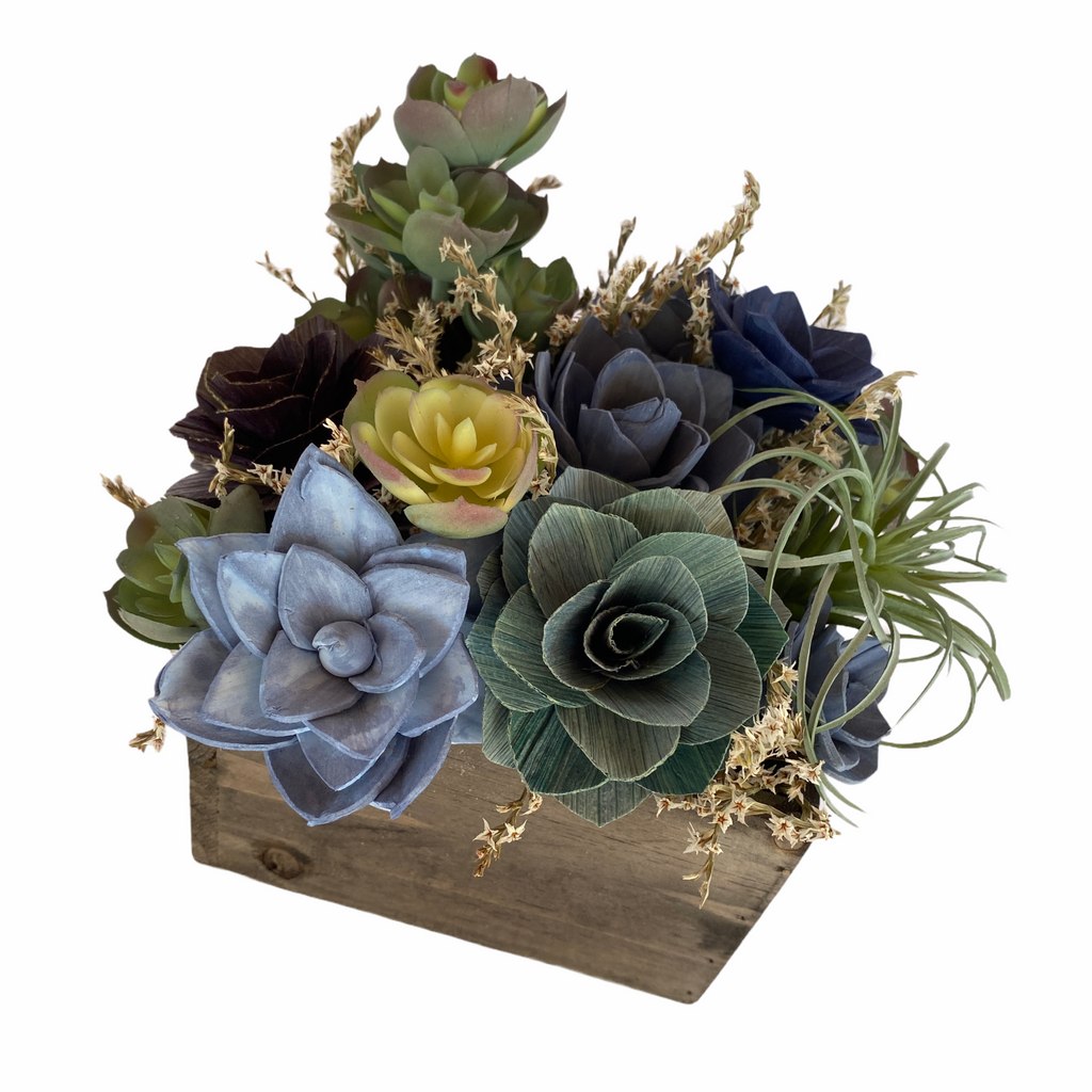 faux succulent wood box arrangement with sola wood succulents for weddings, birthdays or mother's day