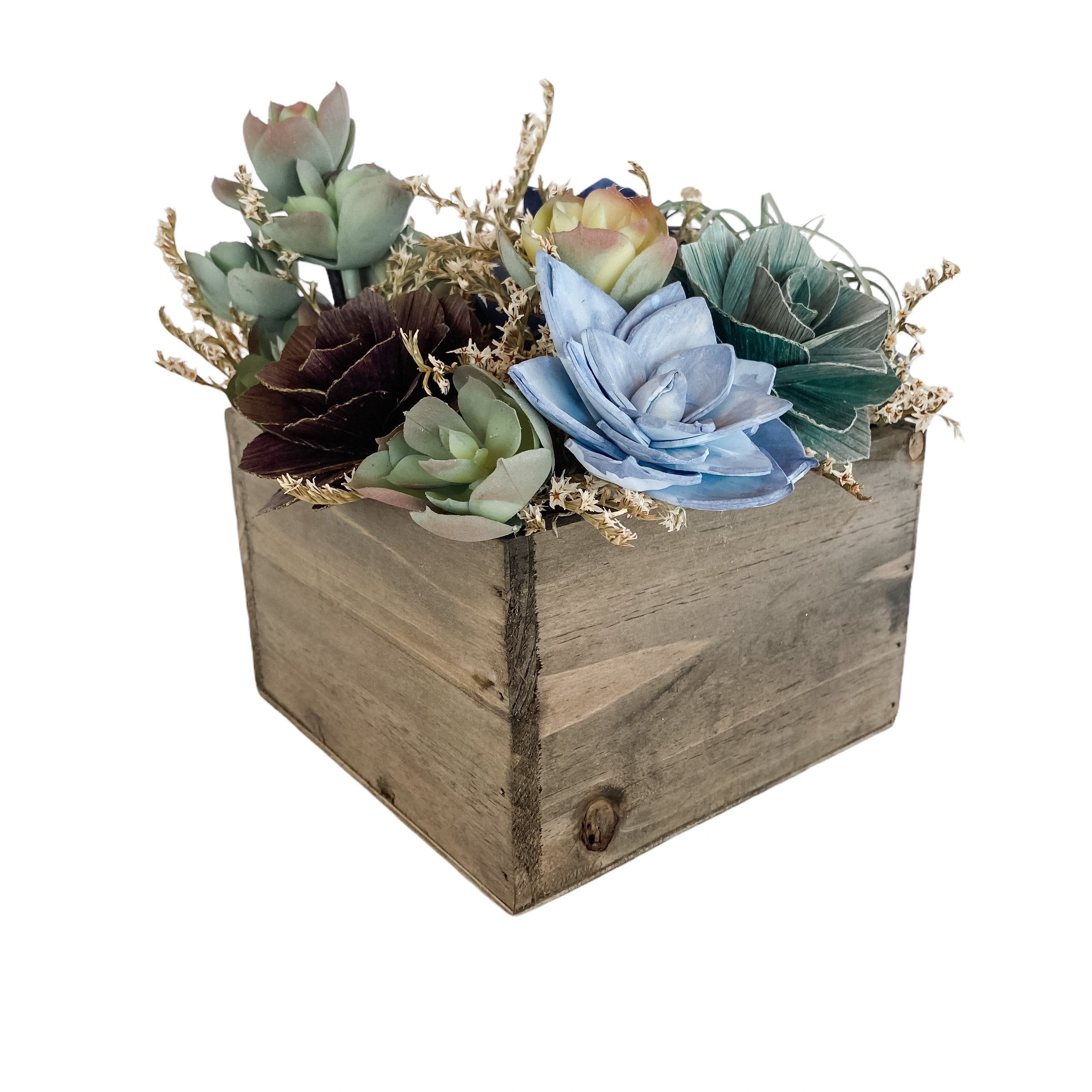 succulents in wooden boxes Faux, Corn Husk, and Sola Succulent Wood Box Arrangement Gift – Pine and Petal Weddings