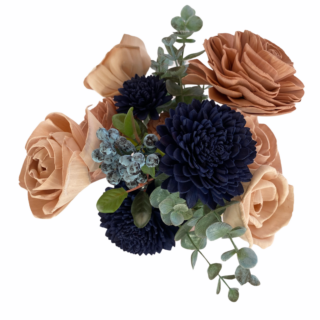 forever flowers made from sola wood in navy, dusty rose and paired with blueberries